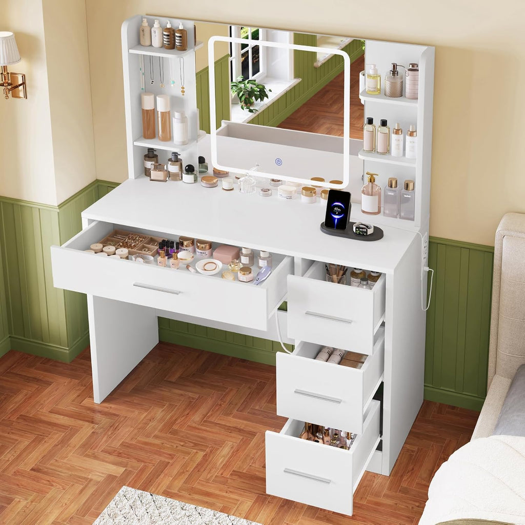 Vanity Desk with Mirror and Lights, Makeup Vanity with Power Outlet and 4 Drawers & 6 Shelves & 5 Hooks, 3 Color