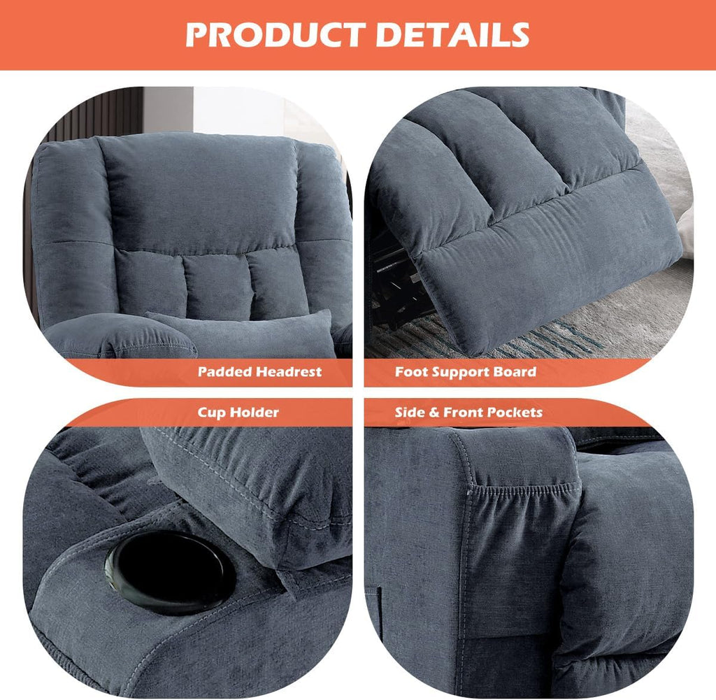 Recliner Chair with Cup Holders Single Seat Manual Oversized Recliner with Ergonomic, Side Pocket for Adult