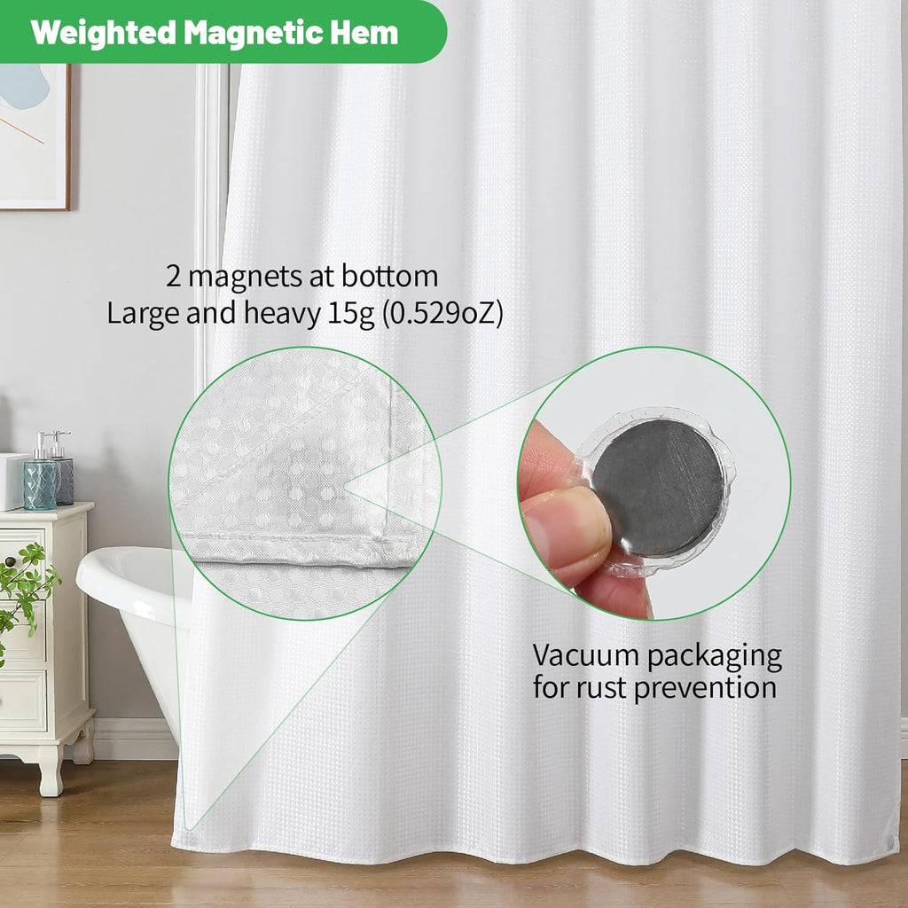 No Hook Waffle Shower Curtain, No Liner Needed, 71x74 Inch, White | 100% waterproof TPU-laminated backing, magnetic