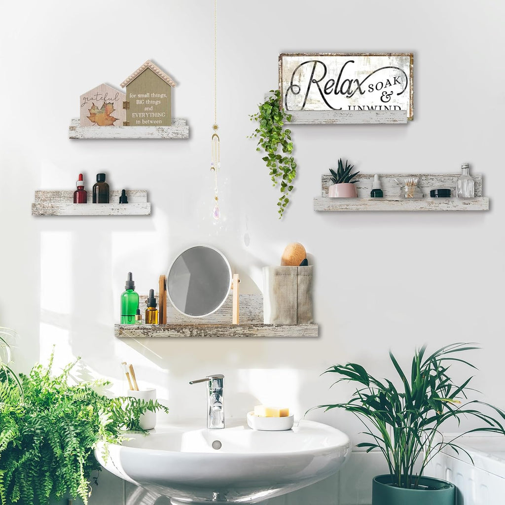 Rustic Shelves Wall-Mounted Distressed White - Farmhouse Wall Shelves 15.8 inch Wood Wall Decor Decorative Small