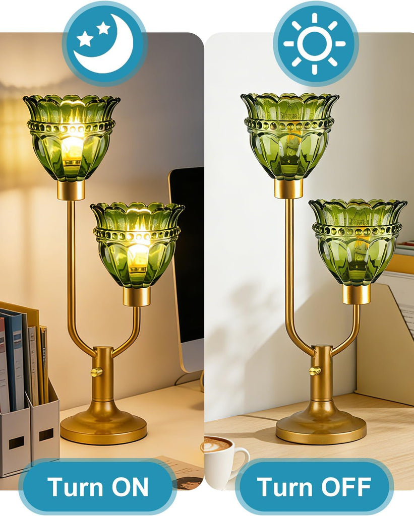 Mid Century Modern Glass Green Table Lamp 2-Light Gold Dimmable Desk Lamps with Crown Glass Shade & 3000K Warmwhite