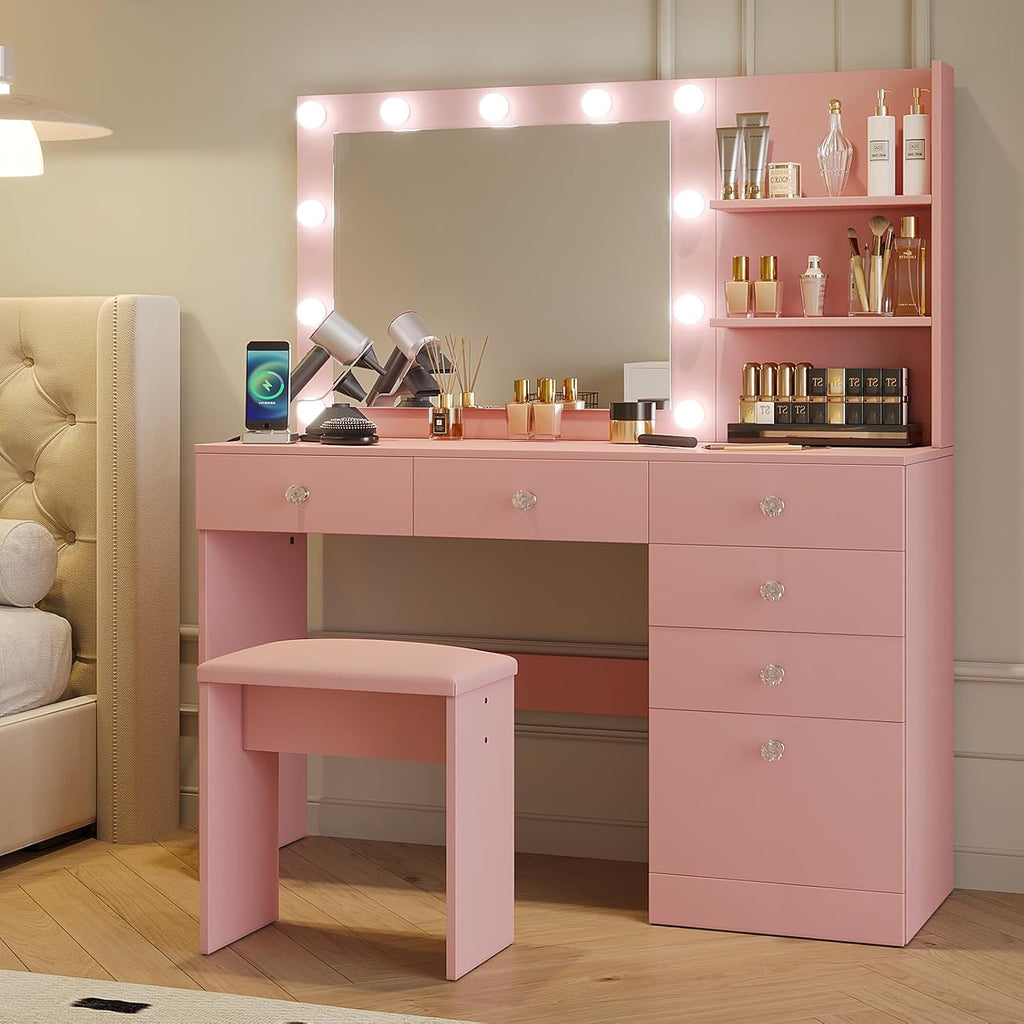 47" Vanity with Outlet - Makeup Vanity Desk with Mirror, Storage Shelves and 6 Drawers, 3-Color Light, Makeup Desk
