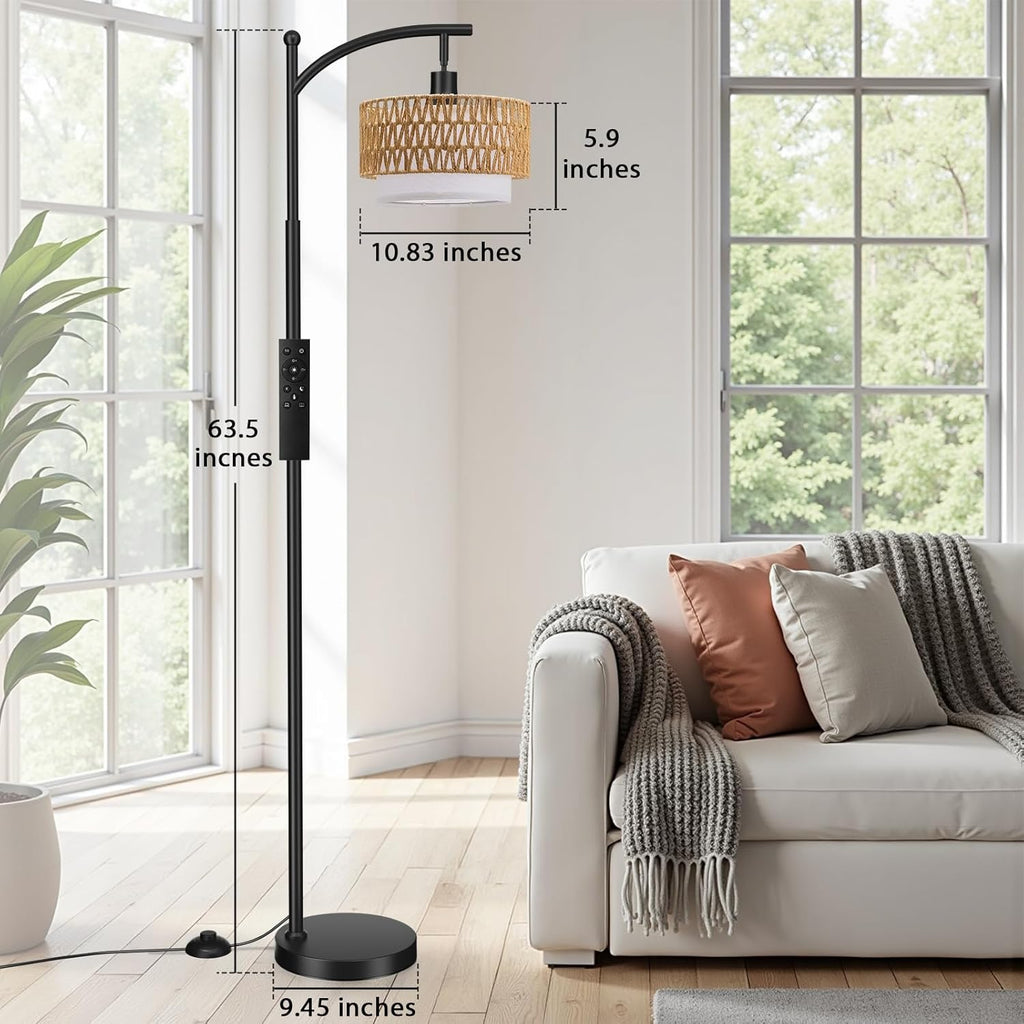 Arc Floor Lamp with Remote, Boho Standing Lamp with Rattan & Linen Shades, Color Temperature & Dimmable Bulb