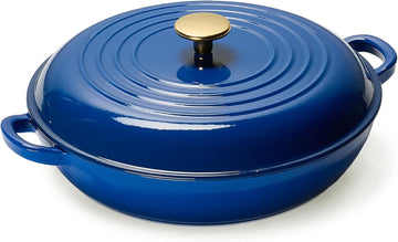 3.4QT Enamel Cast Iron Cookware, Skillet with Lid, Blue Dutch Oven | Shallow Round Braiser Pan Oven Safe, Non-Toxic