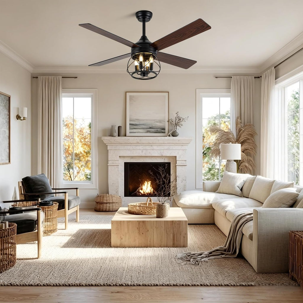 52 Inch Modern Farmhouse Ceiling Fan with Light - Industrial Caged Design