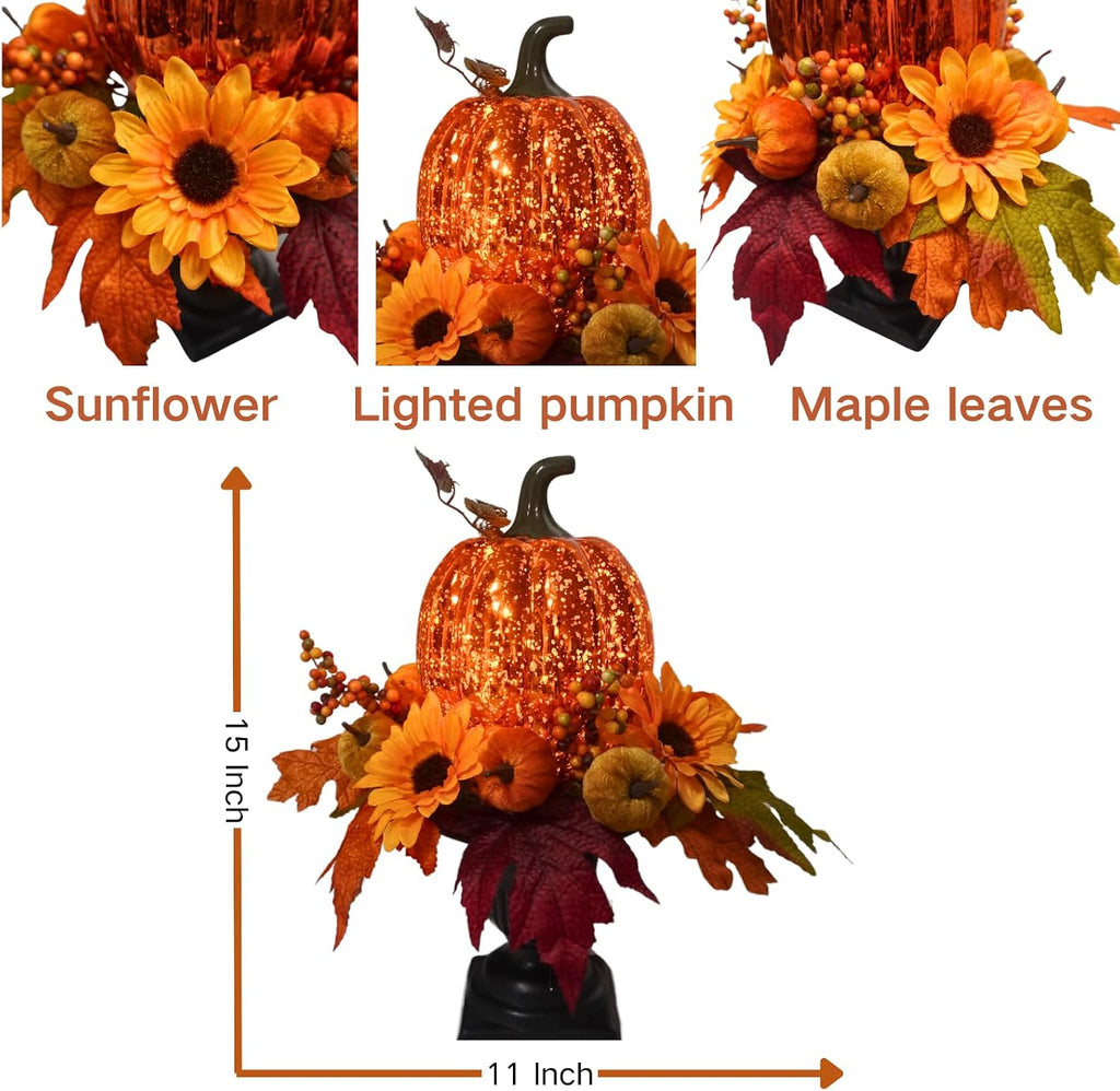 15 Inch Lighted Fall Pumpkin Arrangement with Pumpkin, Daisies