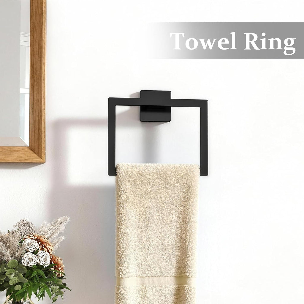 5-Piece Matte Black Bathroom Accessories Hardware Set | Stainless Steel Towel Racks , 16 Inch Bath Towel Bar Set Wall