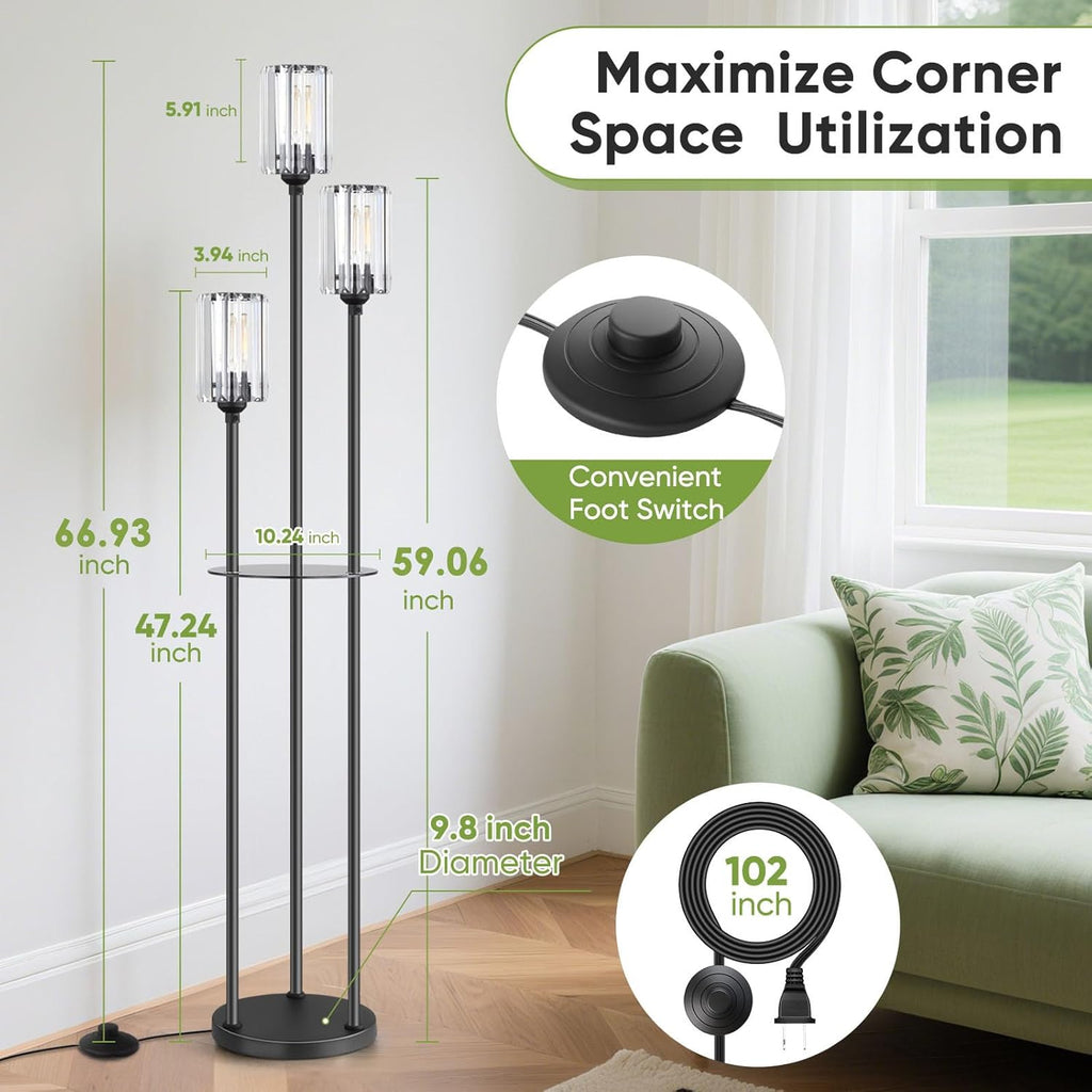 Crystal Floor Lamps, Glass Modern Floor Lamp with Shelves, Mid Century Standing Lamps with Table