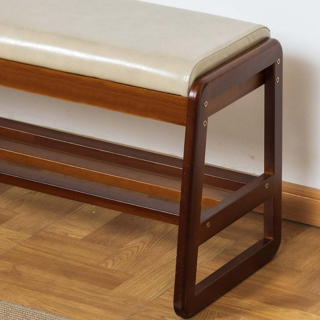 Shoe Bench with Storage - 2-Tier Entryway Bench, Solid Wood Shoe Rack with Cushion & Flip-Open Box, Mid-Century