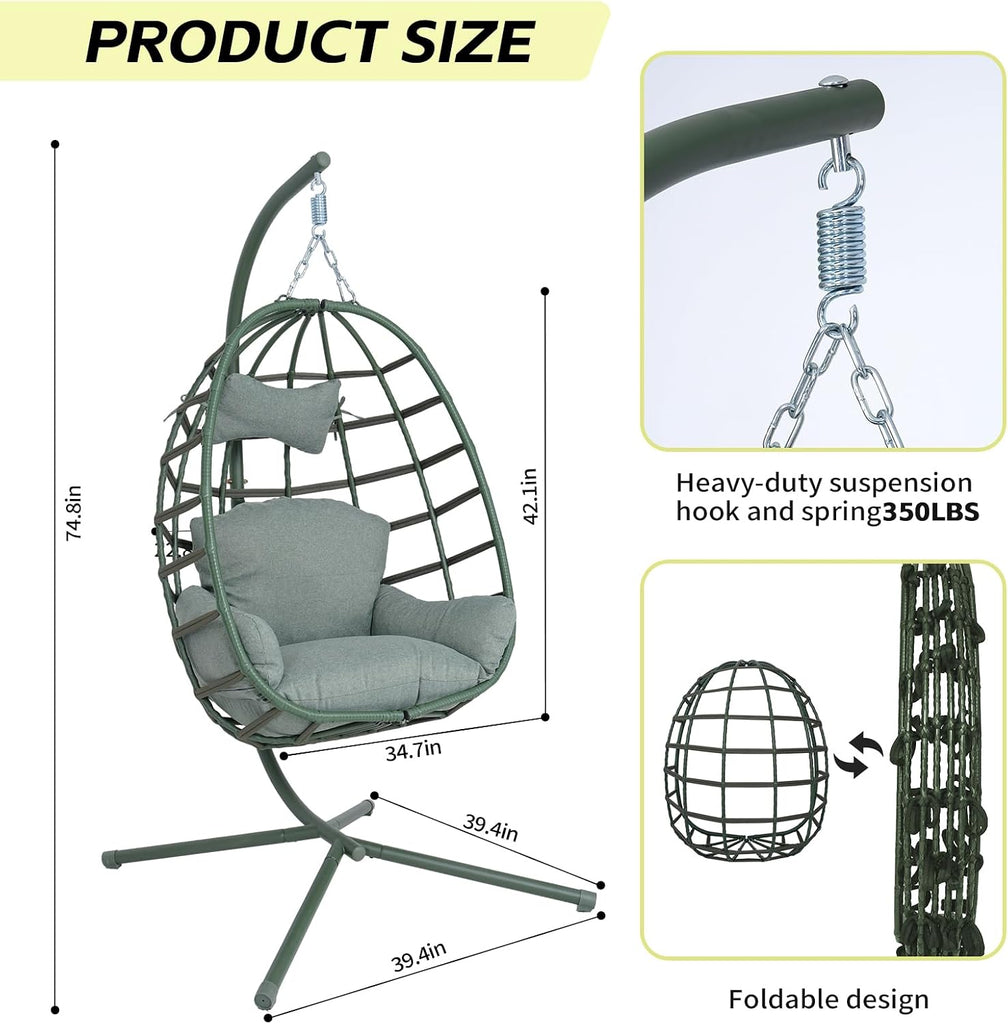 Hanging Egg Chair with Stand Outdoor Indoor Patio Rattan Swing Hammock Chairs with Washable Cushion 350lbs Capacity