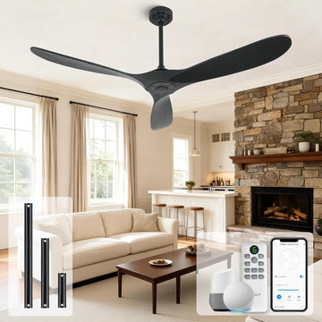 Outdoor Ceiling Fan Without Light, 60 Inch Smart Ceiling Fan with Remote & Voice Control for Compatible with Alexa/Google, 3-Blade Wood Fan, Quiet DC Motor, 6 Speeds for Patio, Porch, Farmhouse