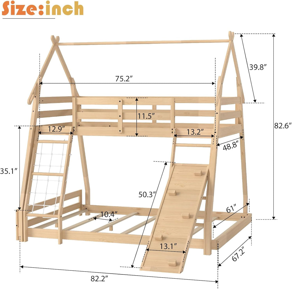 Bunk Bed Twin Over Full, Wooden House Bunk Bed with Climbing Nets & Ramp