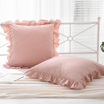 Dusty Rose Ruffle Euro Pillow Shams, Shabby 2 Pack Pillow Sham Covers Washed Cotton Pillow Cases (Dusty Pink, 26"x26")