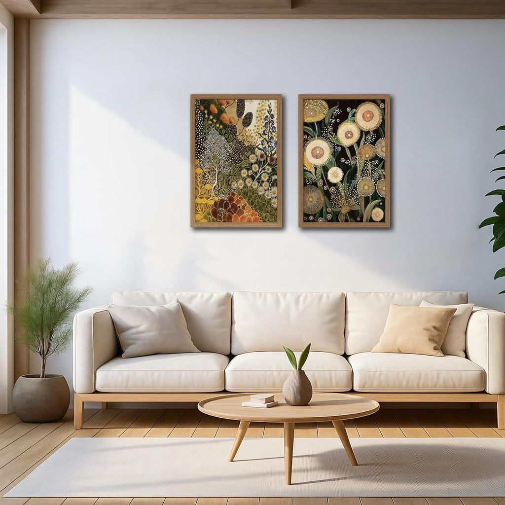 Dandelion Wall Art,(2 Pieces) Boho Botanical Floral Canvas Prints, Framed Vintage Plant Art Decor, Ready to Hang Wall