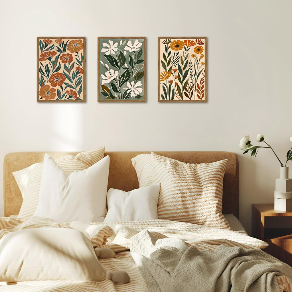 Framed Boho Floral 3 Piece Wall Art,Mid Century Modern Abstract Flower Pictures Wall Decor,Minimalist Botanical