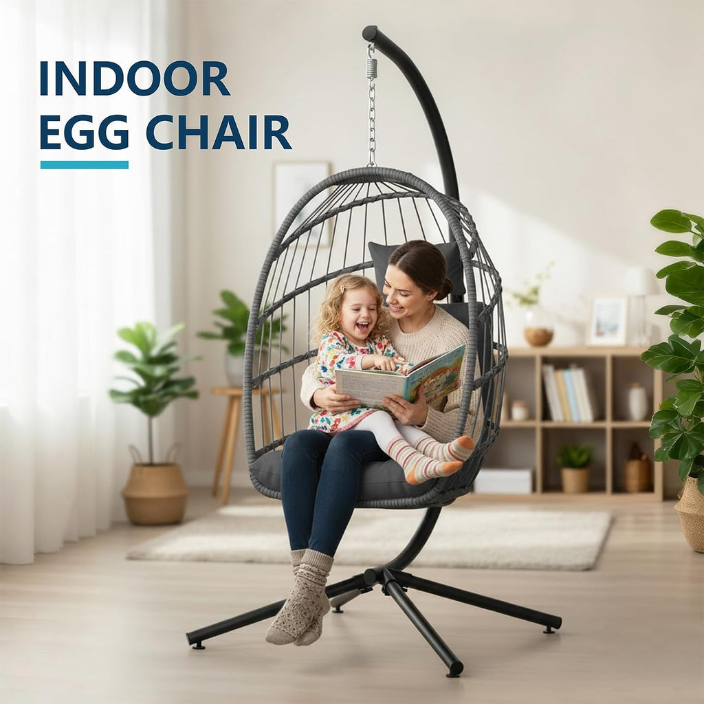 Hanging Egg Chair with Stand, Outdoor Indoor with Cushion, Wicker Hammock 350 LBS Capacity-Dark Grey