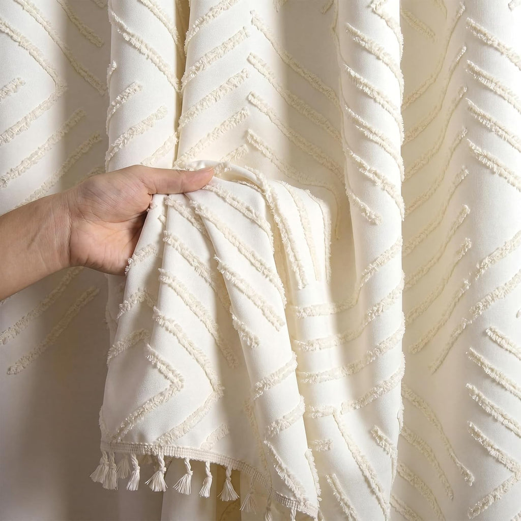 Cream White Boho Shower Curtain 72 x 72'' Neutral Textured Shower Curtain Woven Fabric Bathroom Curtains with Tassel