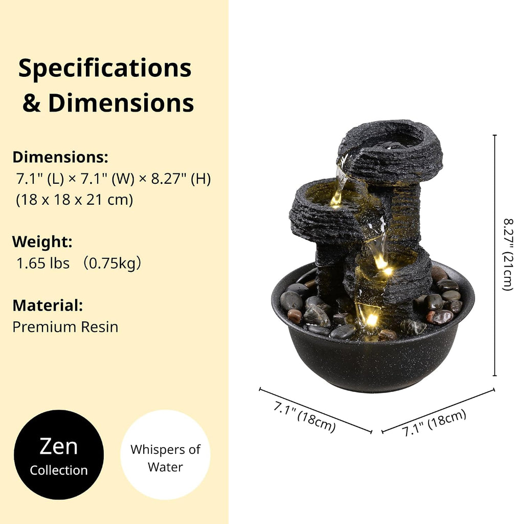 Rock Style Tabletop Fountain with LED Light - Indoor Waterfall Feature or Office Décor, Relaxing Zen Desktop Water