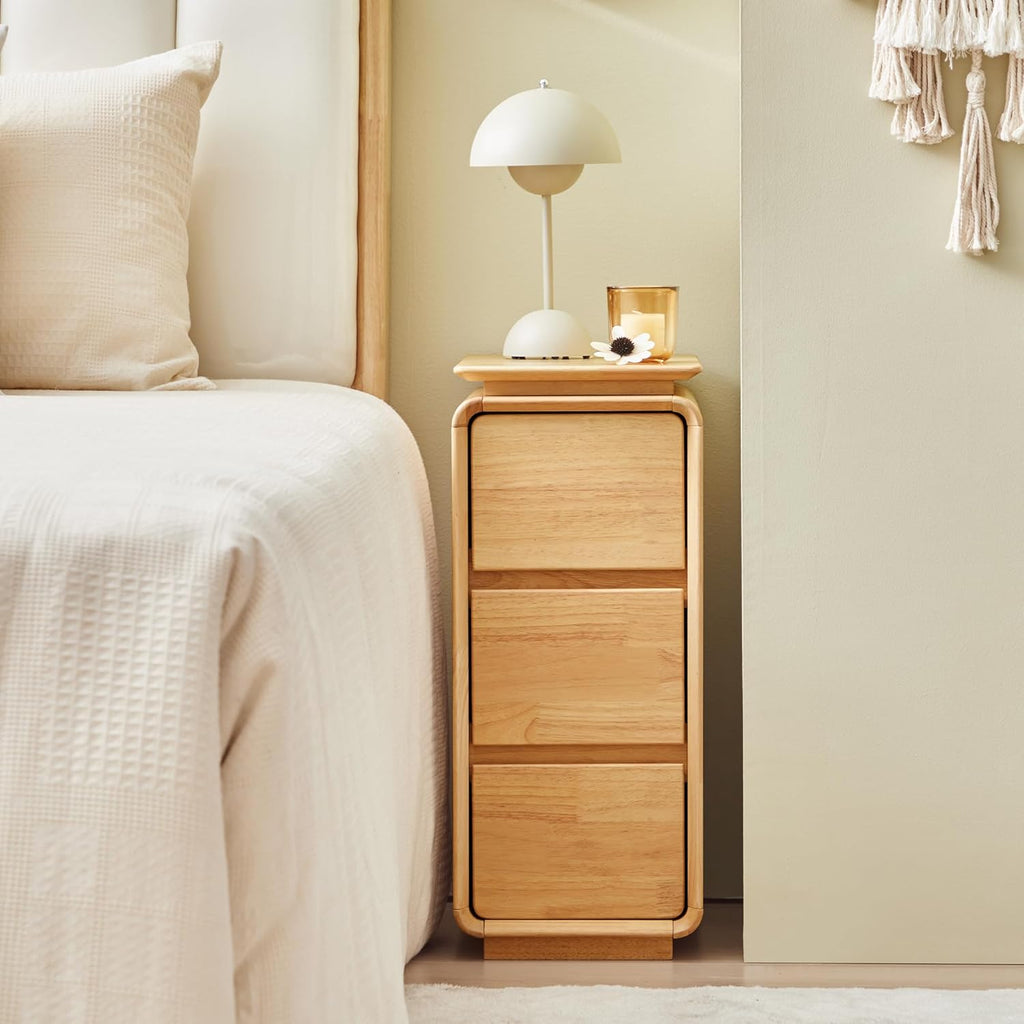 Solid Wood Nightstand, Fully Assembled Narrow Bedside Table with 3 Drawers & Hidden Handles, Mid-Century Modern End