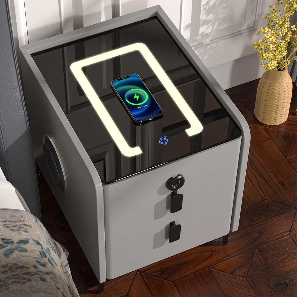 Smart Nightstand with Fingerprint Lock Drawer, Nightstand with Wireless Charging, Night Stand with 2 Drawers, 2 USB
