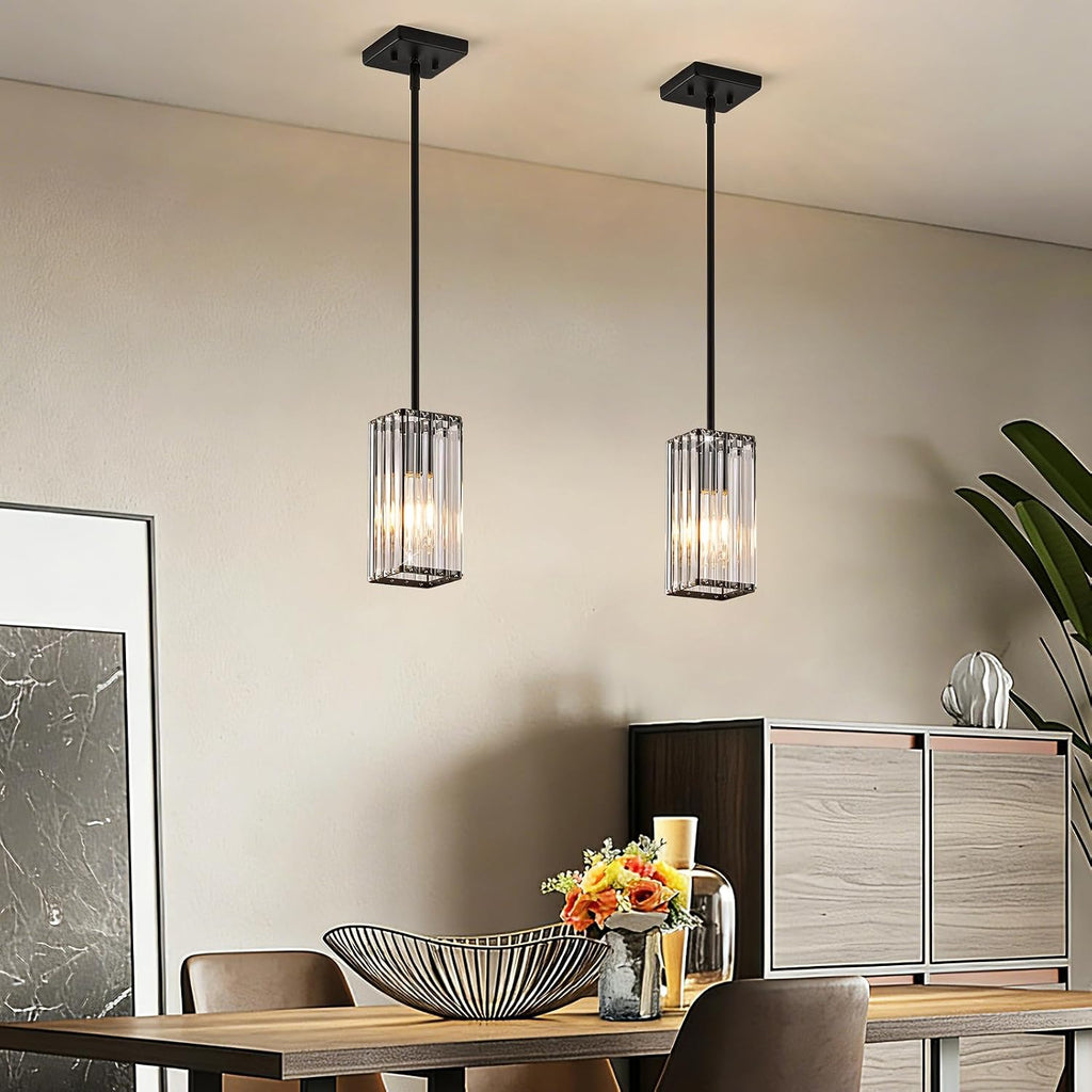 Modern Crystal Pendant Lights Kitchen Island, 3-Pack Black Hanging Light with Clear Crystal Shade, Adjustable Height