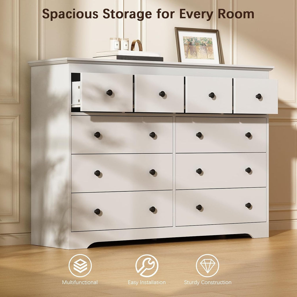Modern 10 Drawer Dresser, 55.1" Wide Dressers & Chests of Drawers with Large Capacity Storage, Mid Century White