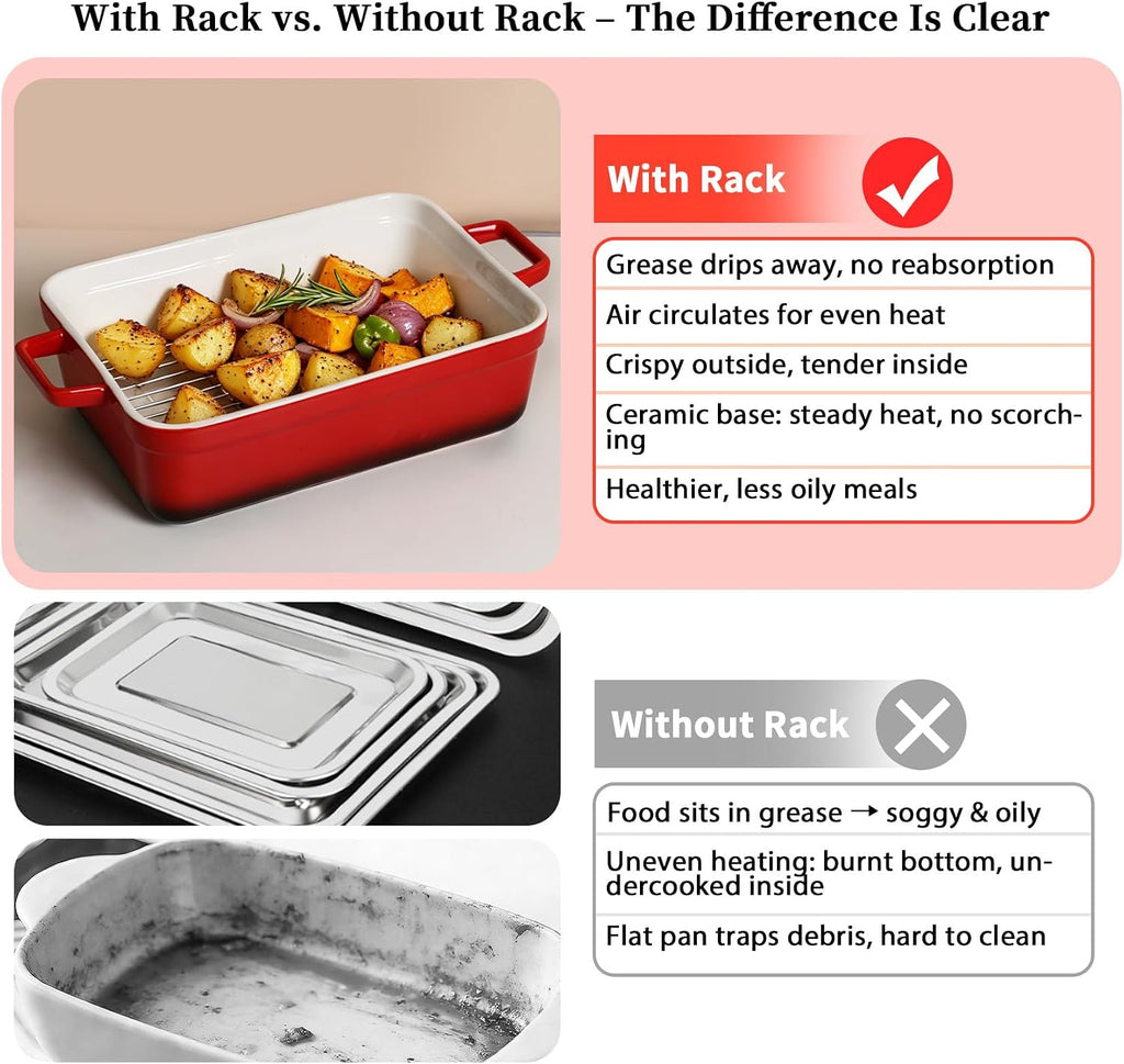 Ceramic Casserole Dish with Lid 6 Pcs, 2-in-1 Dish Set Stoneware Dishes for Oven, (13"x8"+8"x6"), 3.06Qt & 0.95Qt