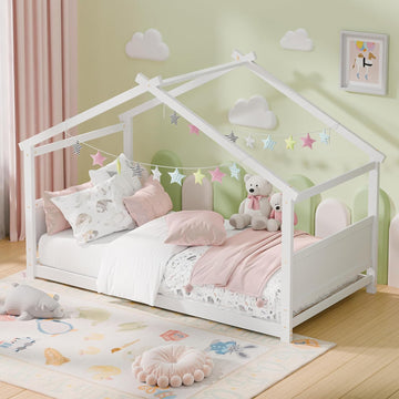 Tw Bed, Montessori Floor Bed with Headboard & Footboard, Solid Wood Bed Frame for Toddlers Kids Bedroom, White
