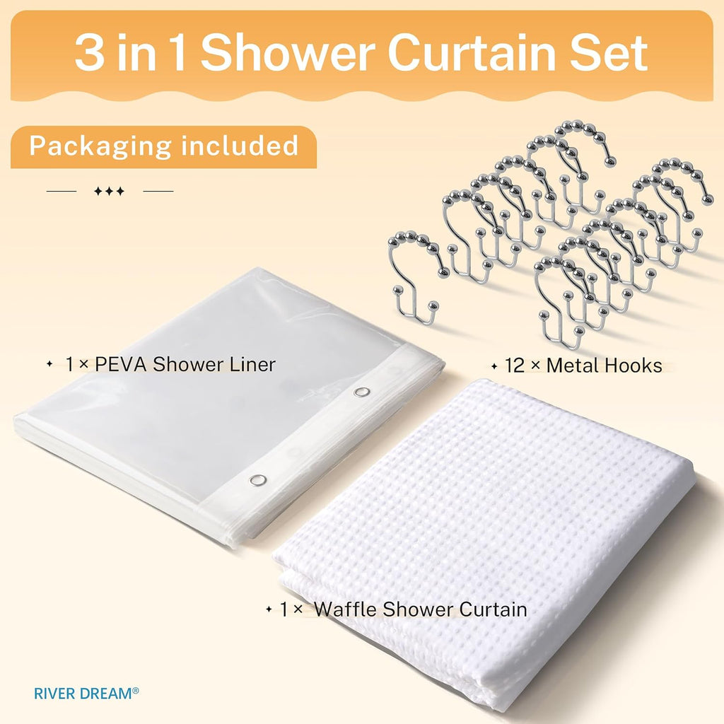 Waffle 3 in 1 Shower Curtain Set, White Fabric Shower Curtain and Clear Liner Set with Double Sided Hooks