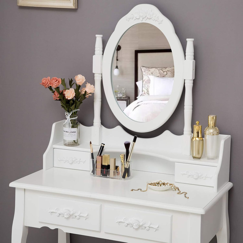 Makeup Vanity Table Set and Cushioned Stool with Oval Mirror, 4 Drawers Dressing Table (White)