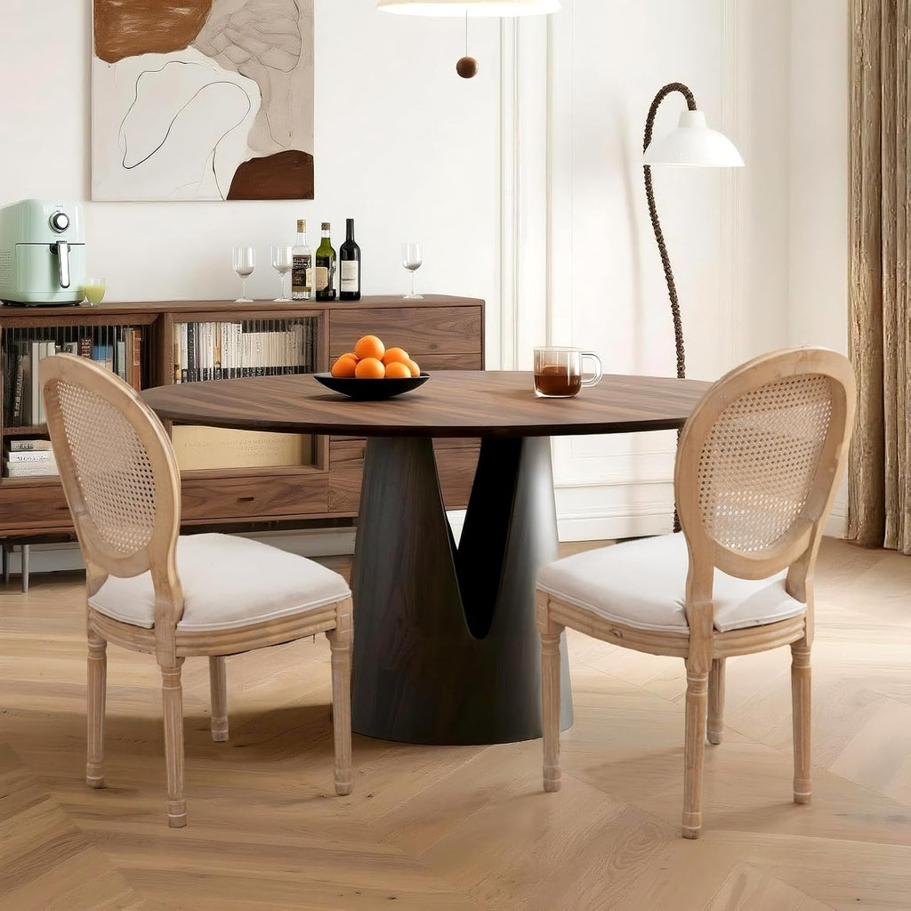 French Country Dining Chairs Set of 4,Farmhouse Upholstered Dining Room Chairs with Round Back and Solid Leg,Rattan