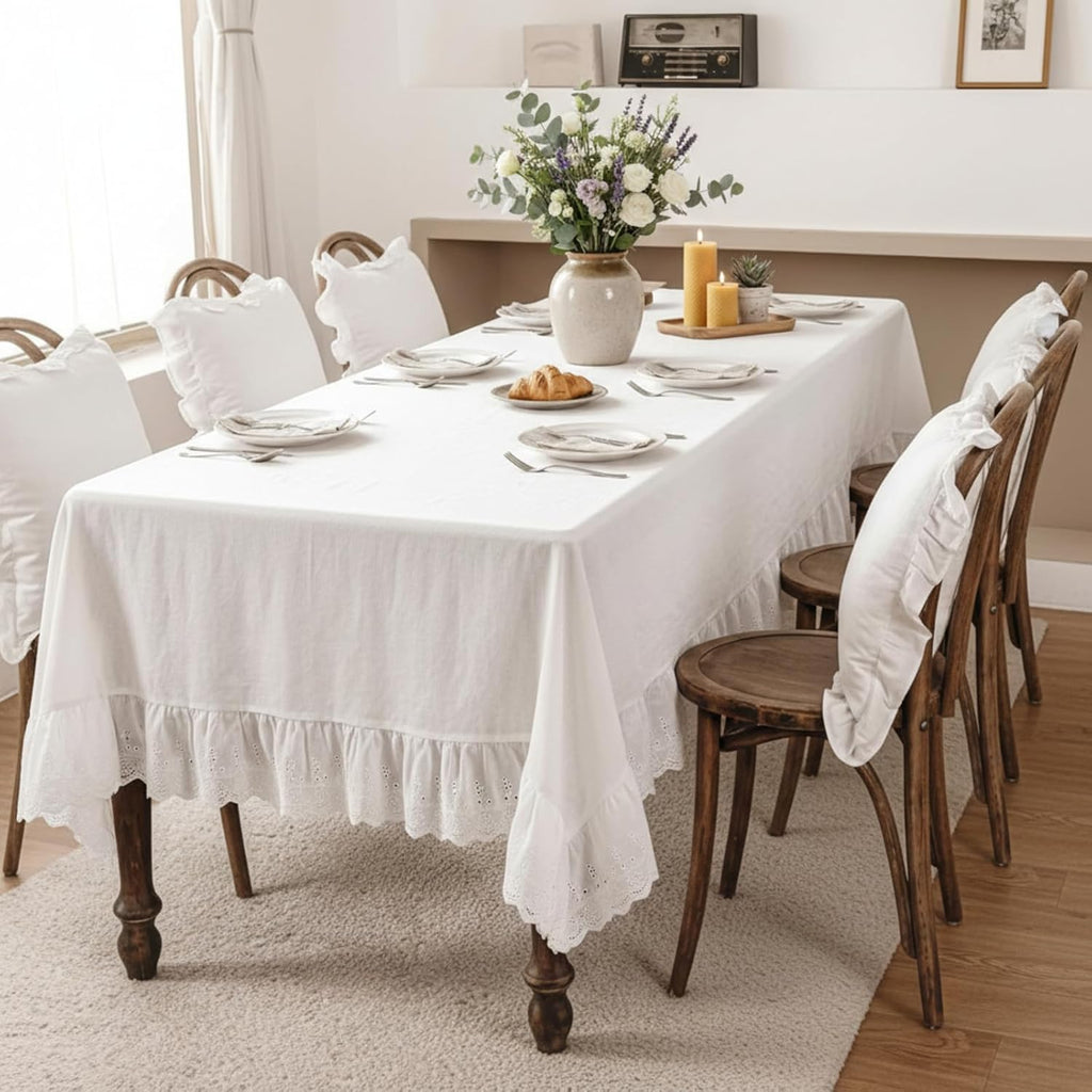 Vintage White Ruffle Tablecloth Retro Farmhouse Ruffled Cotton Tablecloth Rustic Embroidered Washabl
