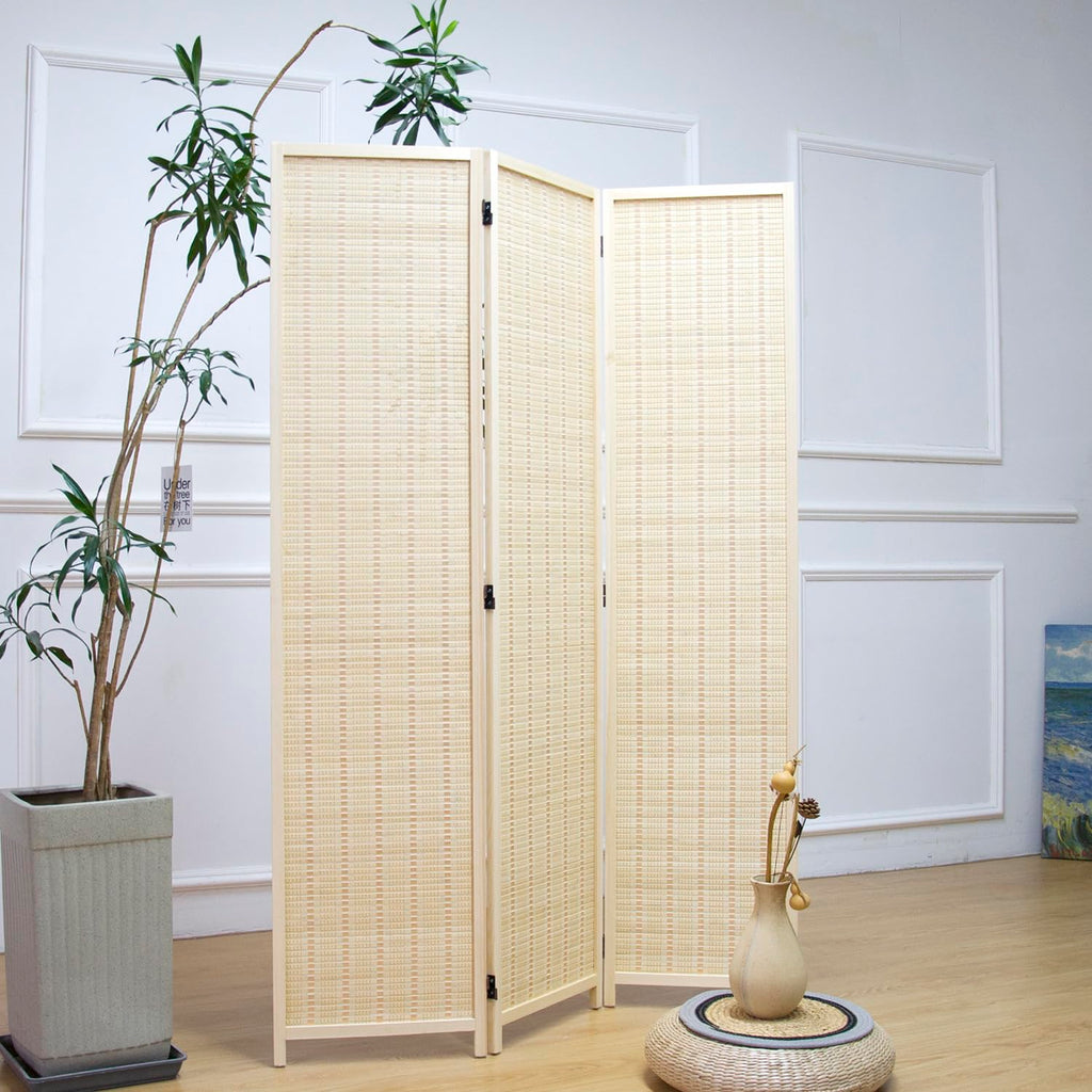 3 Panel Room Divider and Folding Panel Screen, Bamboo Panel Divider Screen for Room Separation, Beige, 67" H x 46" W