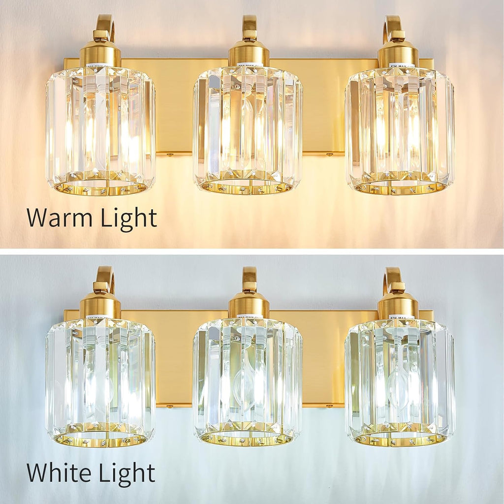 3-Light Gold Bathroom Light Fixtures,Modern Bathroom Vanity Lights Fixture with Clear Crystal Glass Shade, Modern