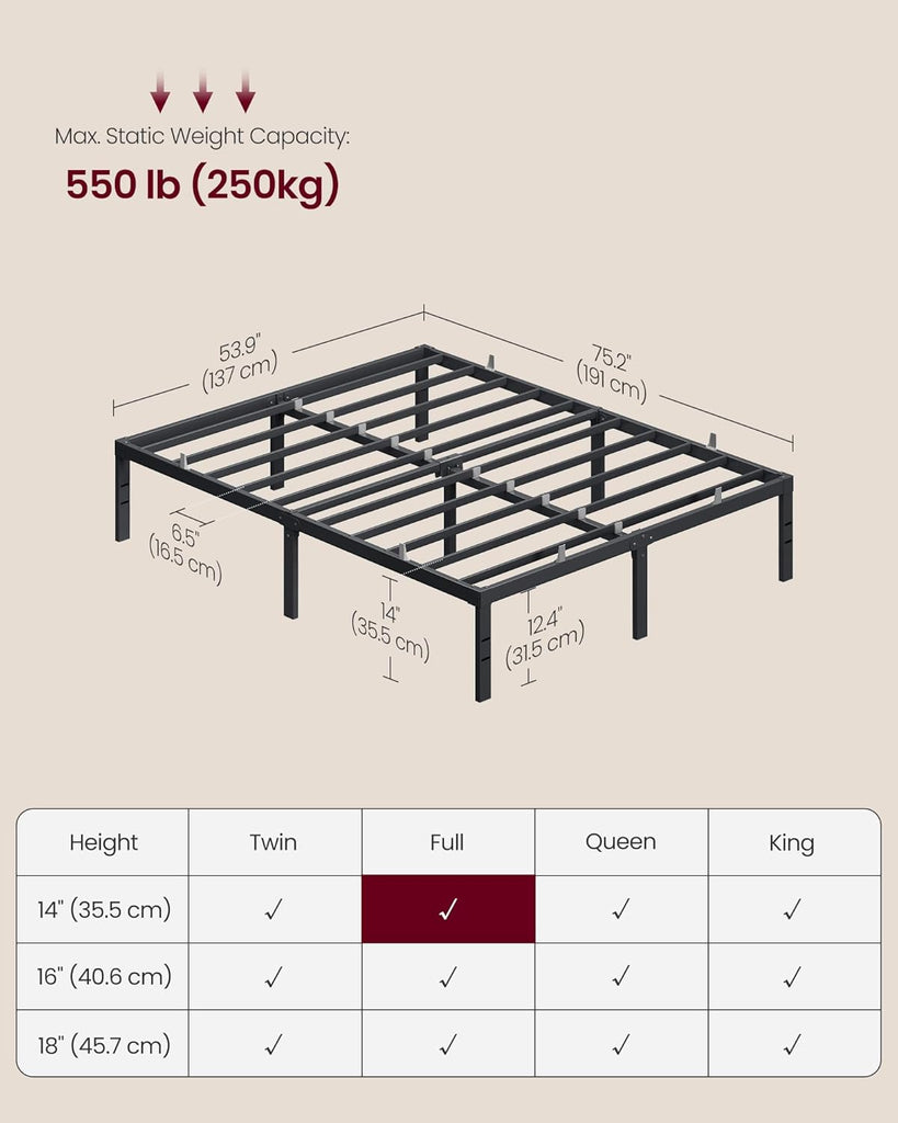 Full Metal Bed Frame 14 Inches Tall, 1100 lb Weight Capacity, No Box Spring Needed, with Under-Bed Storage