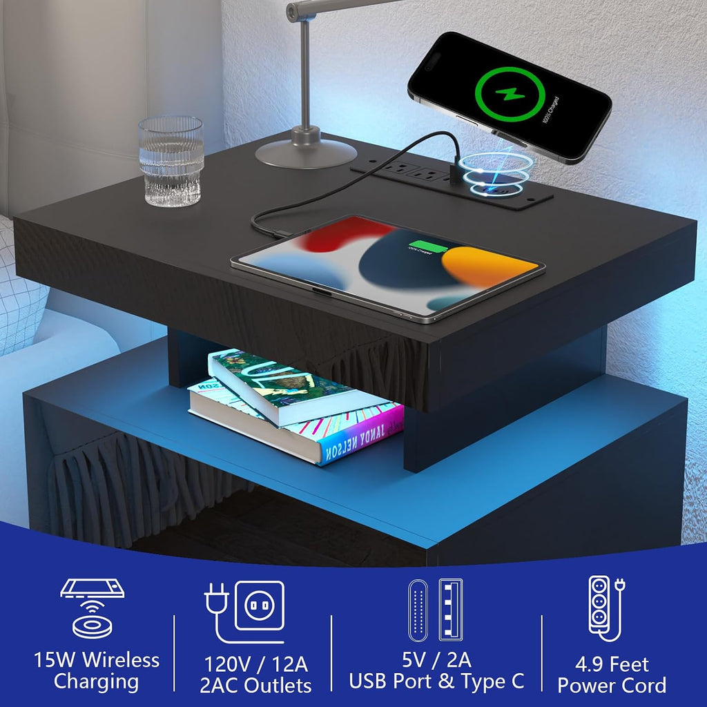 Nightstand with Charging Station and LED Light, Smart Nightstand with USB Port & Wireless Charging, Modern Night