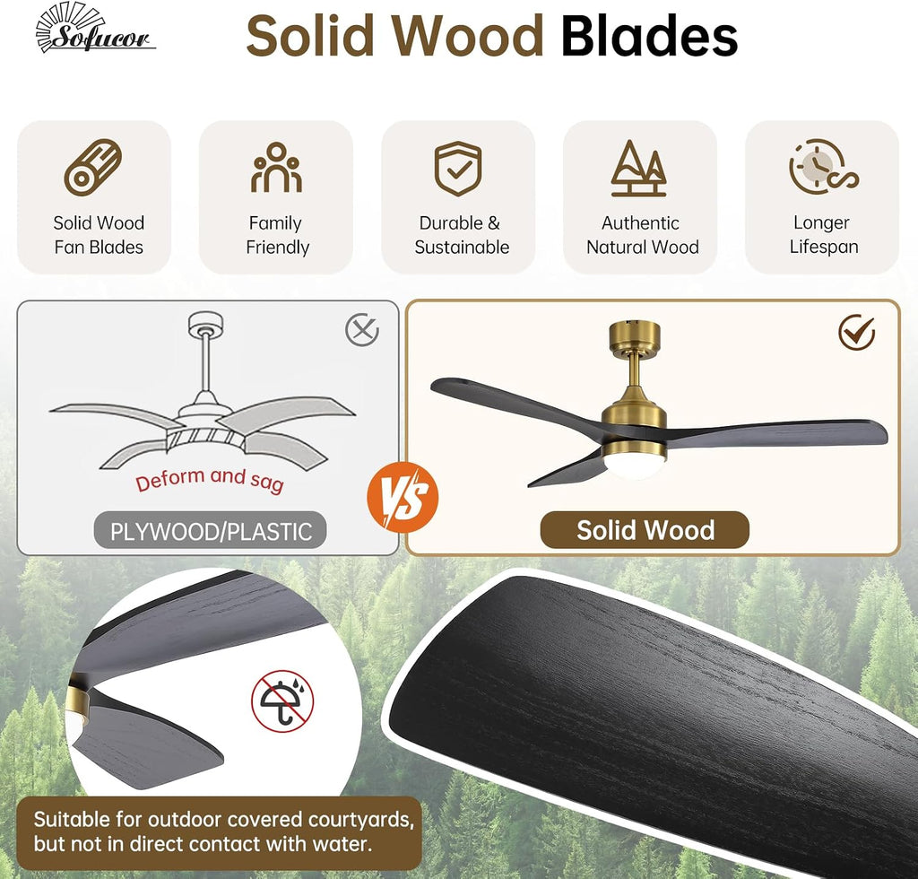 52" Solid Wood Ceiling Fan Lights, Flush Mount & Downrod Mount Ceiling Fan with Lights and Remote