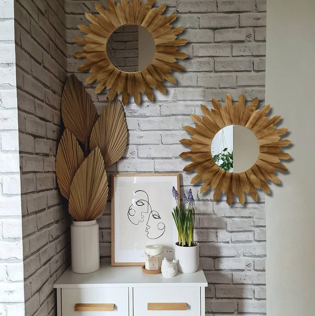 2 Pack 22 Inch Boho Wall Sunburst Mirror Rustic Round Wood Decorative Mirror Boho Wall Art Decor Bedroom Living Room