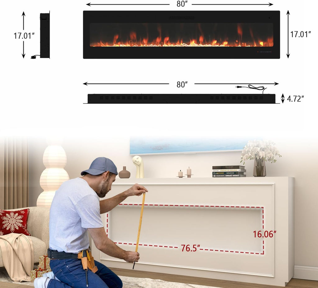 Smart Electric Fireplace - 80 Inch Electric Fireplace Inserts, Wall Mount or in-Wall Recessed Fireplace Heater