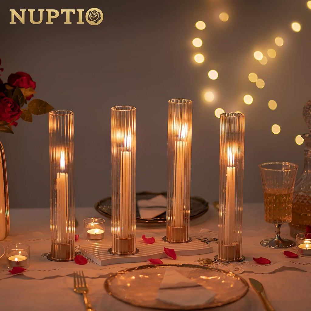 Hurricane Candle Holder for Centerpiece: Set of 10 Metal Taper Candle Holders with Fluted Glass Cylinders - Gold