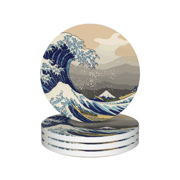 Japanese Style Waves Round 4" Cup Coasters Set of 4, Absorbent Ceramic Coasters with with Cork Backing, Table Home