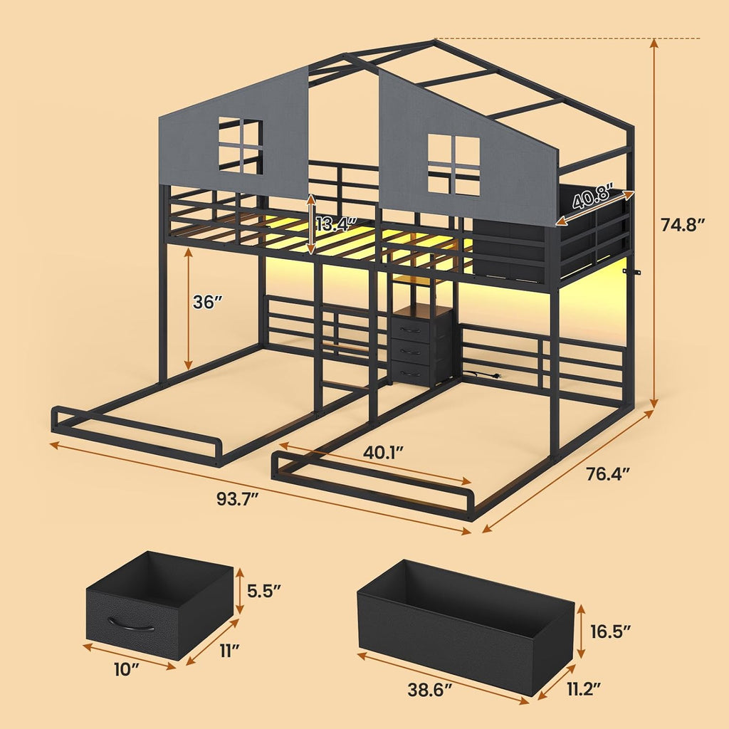 Triple Bunk Bed Twin with House, 4 Storage Drawers, Charging Station and LED Lights