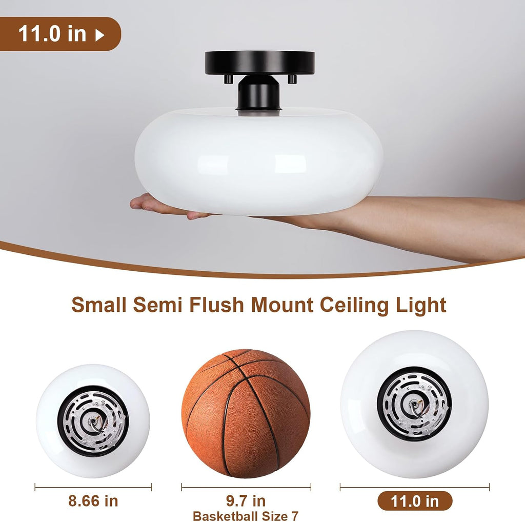 Mid-Century Modern Black Semi Flush Ceiling Light 11.0 Inch | Small White Glass Shade Close to Ceiling Lighting