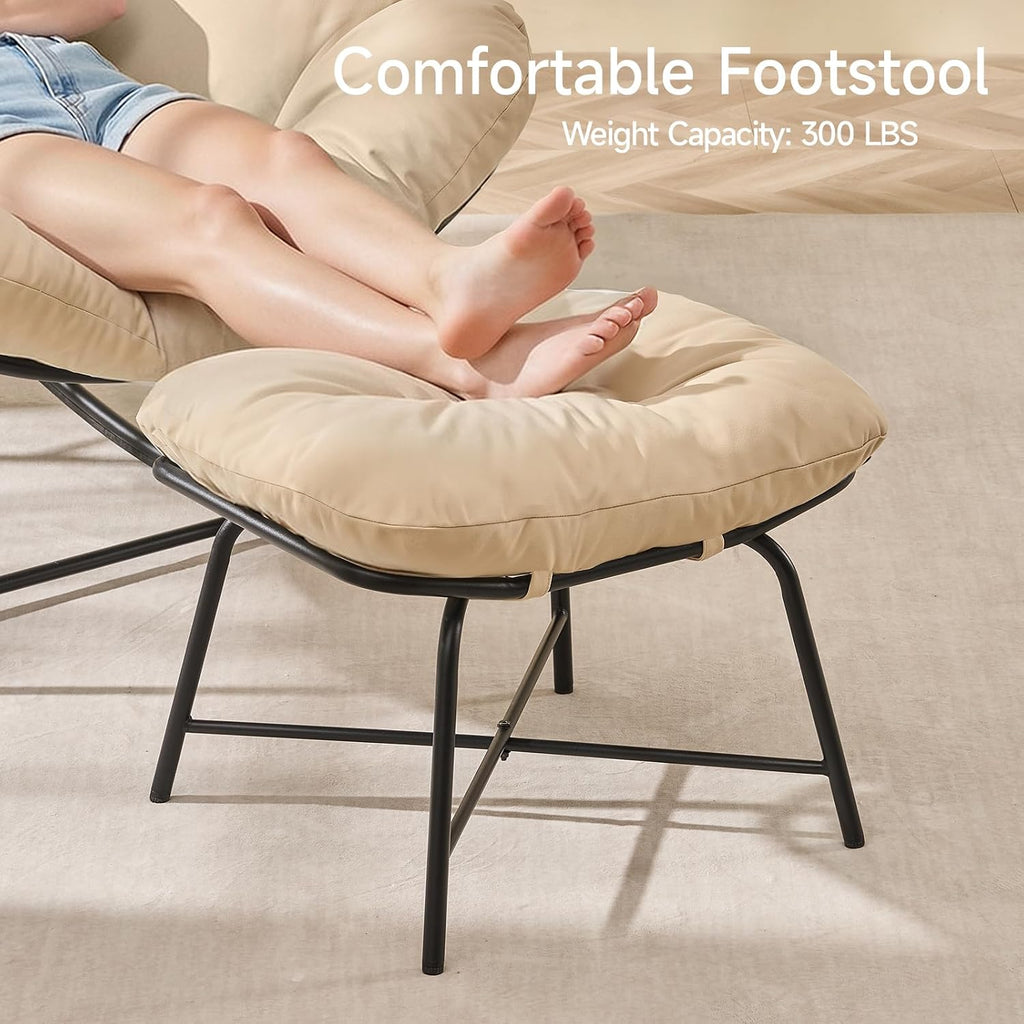 Outdoor Rocking Chairs with Ottoman, Papasan Rocking Chair, Beige | Oversized Lounge Rocker with Padded Cushions