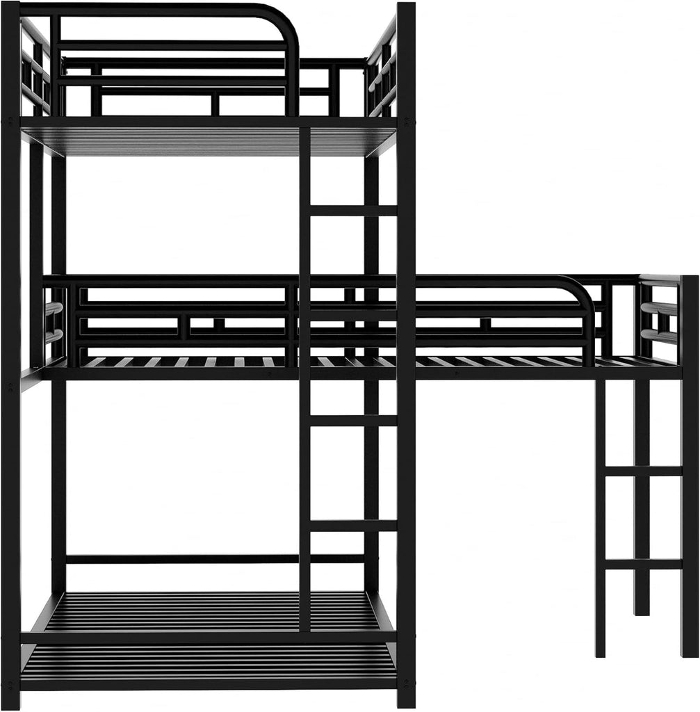 Metal Triple Bunk Bed Twin, L-Shaped Metal Triple Bunk Bed Frame, 3 Beds Bunk Bed for Kids Teens Adults - Black