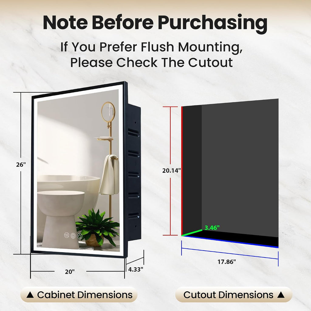 LED Lighted Medicine Cabinet with Mirror, Recessed or Wall Mounted Bathroom Mirror with Storage, Anti-Fog, 3-Color