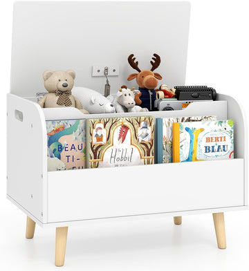 Kids Wooden Toy Box w/Front Bookshelf, Toy Storage Organizer w/ 4 Solid Wood Legs, Flip-top Lid, Safety Hinge &