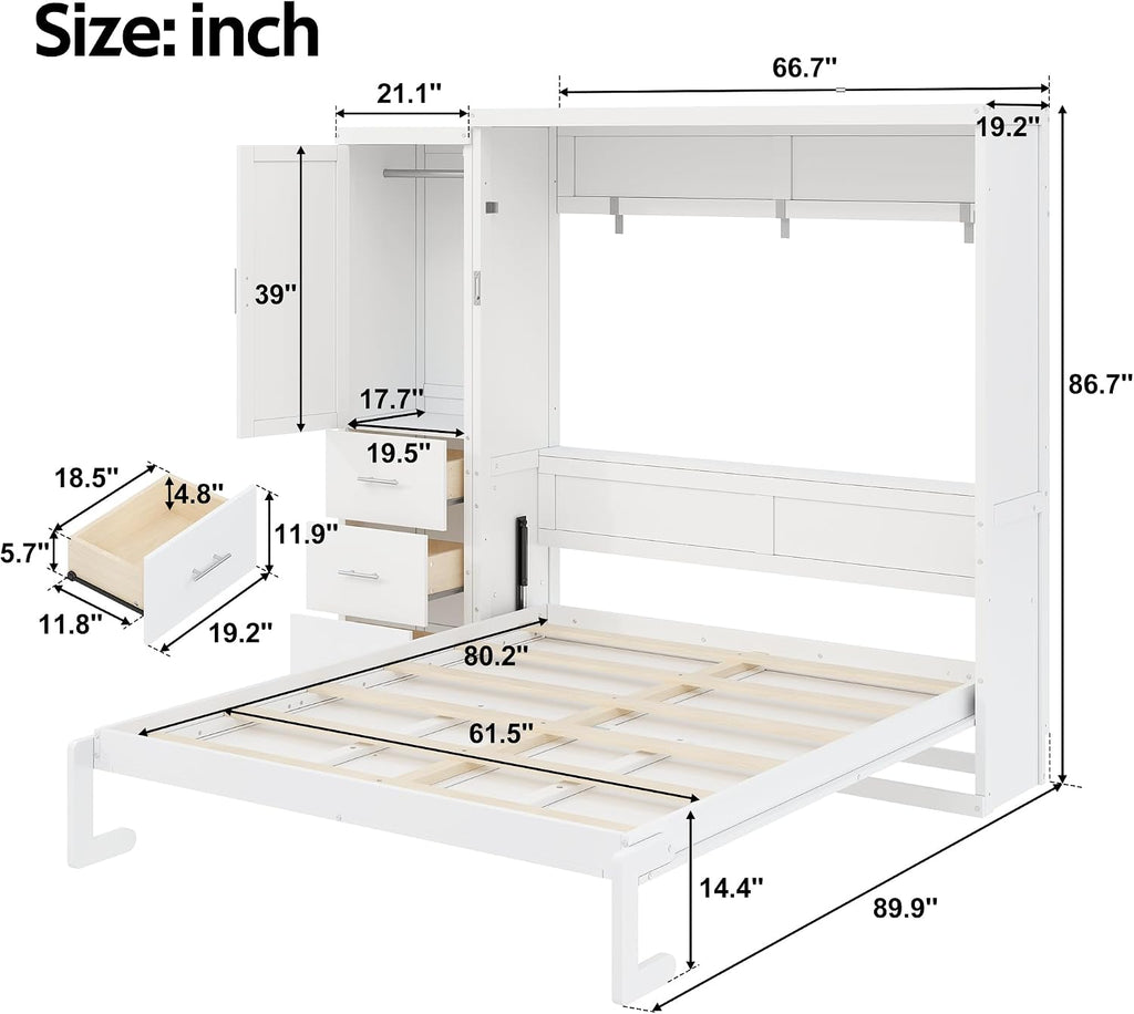Queen Murphy Bed with Wardrobe, Farmhouse Hidden Foldable Wall Bed Frame with Storage Drawers, Space-Saving Storage