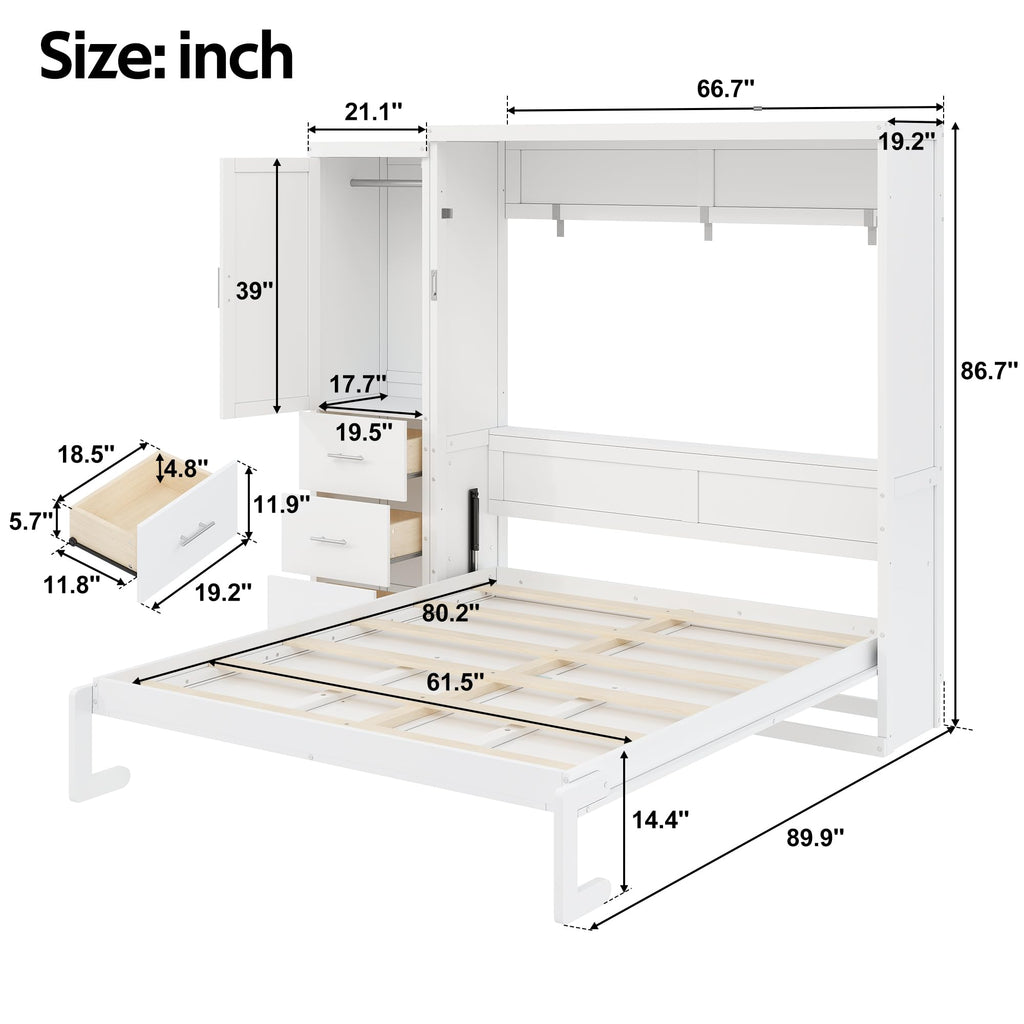 Queen Murphy Bed with Storage Cabinet, Foldable Space-Saving Wood Wall Bed Frame with Wardrobe and 3 Drawers, Hidden