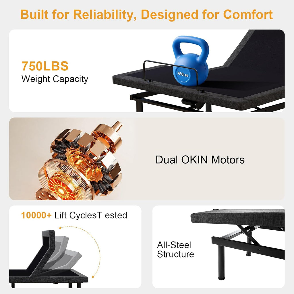 Queen Adjustable Bed Frame with Mattress Head and Foot Lift & Head-Pillow-Tilt, Electric Bed Base with Under-Bed LED